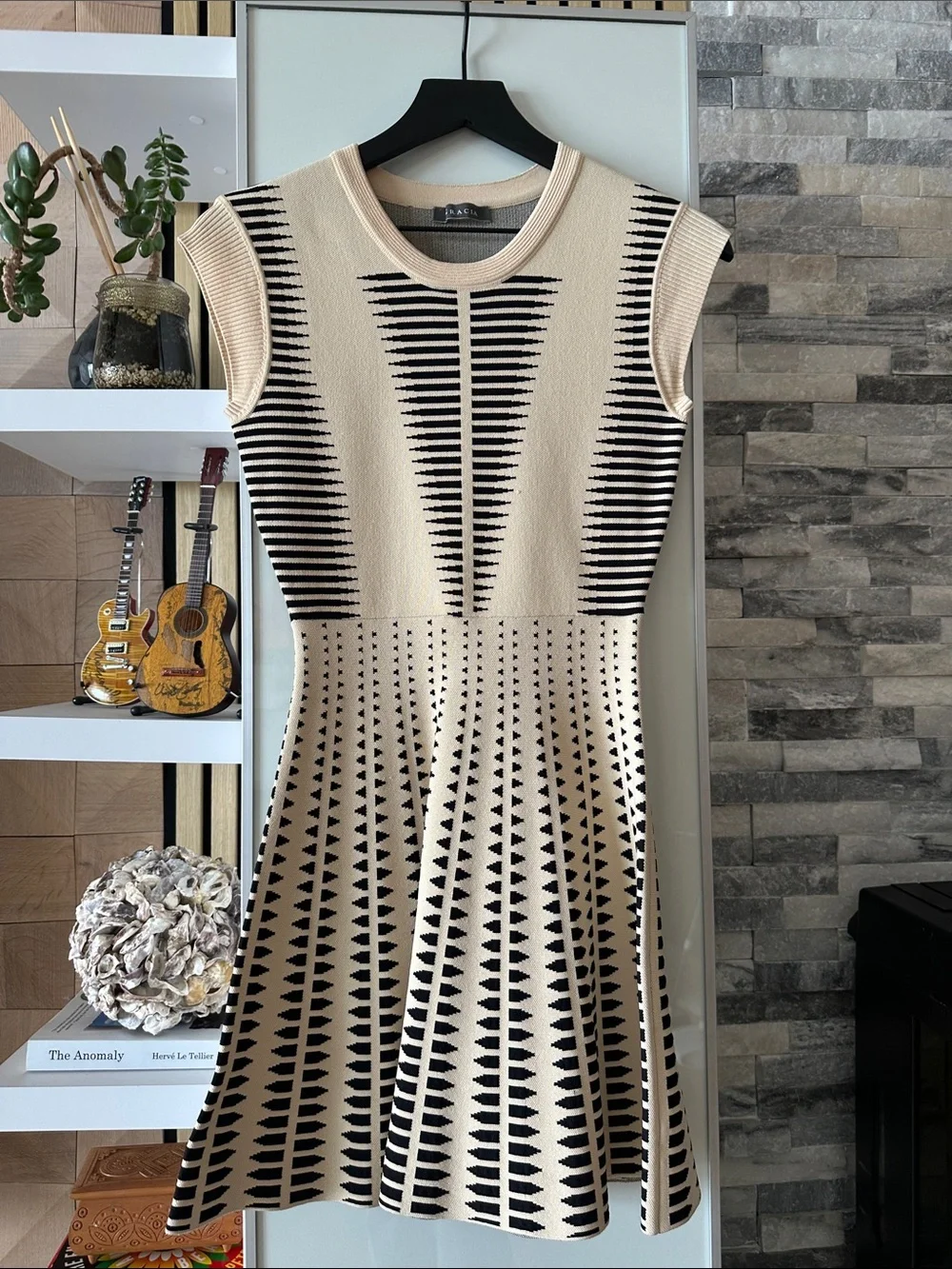 Gracia Cream and Black Geometric Knit Midi Dress